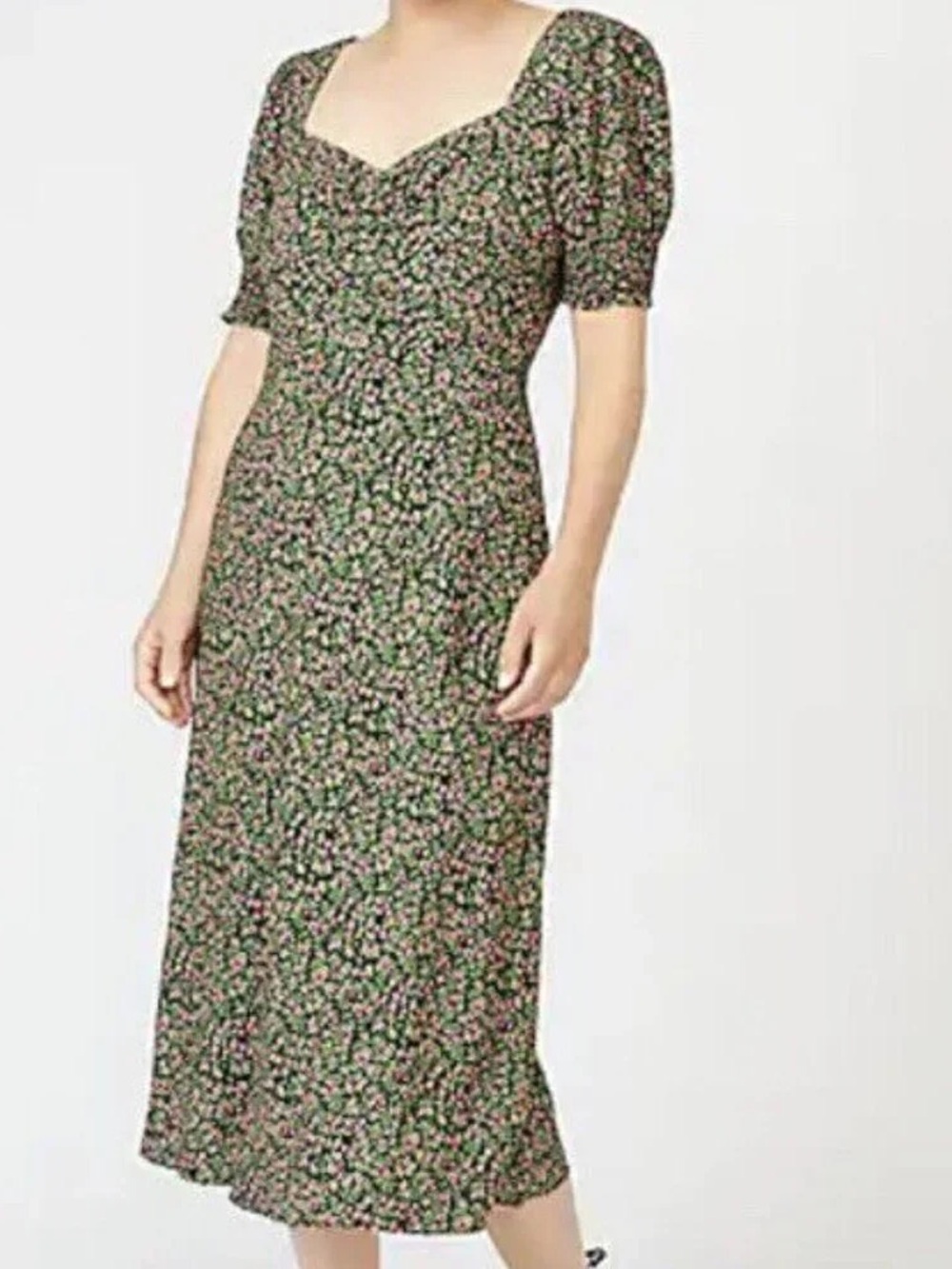 J. Crew Green Floral Sweetheart Midi Dress with Puff Sleeves, size 4